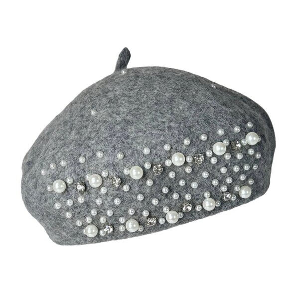 NEW Beret Hat Gray Wool Felt Beaded Embellished Rhinestones Pearls Coquette 90s - Picture 1 of 12